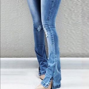 Split Hem Ripped Pocket Detail High Waist Flare Jeans